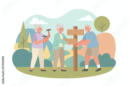 Seniors assembling a wooden signpost outdoors representing teamwork community and active retirement