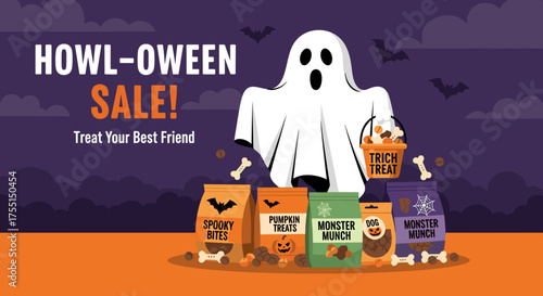 HowlOween Sale for pet treats with a friendly ghost perfect for spooky pet promotions and holiday marketing