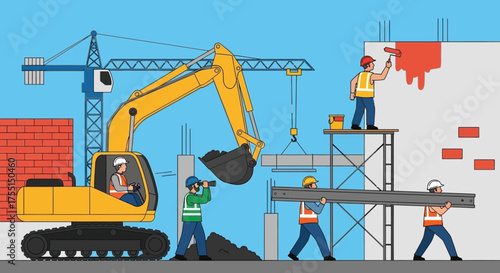 Construction workers building a new structure with heavy machinery illustrating industry and teamwork