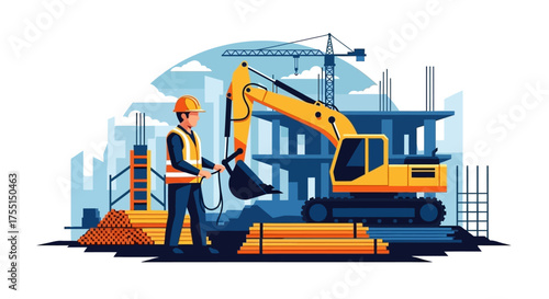Construction worker and excavator at building site Industrial development and heavy machinery