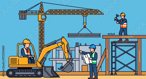 Busy construction site with workers excavator and crane symbolizing building and development