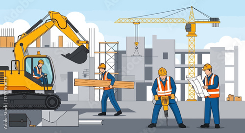 Construction workers busy on a building site with heavy machinery showing teamwork and development