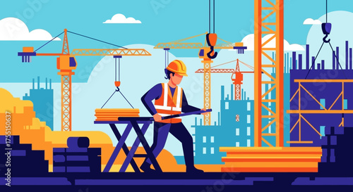 Construction worker on site with cranes building modern infrastructure symbolizing industry progress