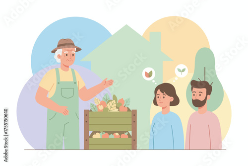 Elderly farmer teaches young couple about gardening healthy food and sustainable living