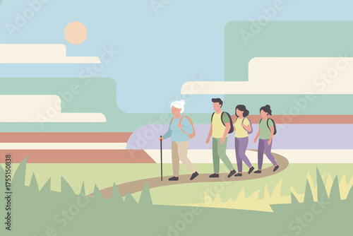 Multigenerational group hiking in nature promoting active lifestyle and wellness