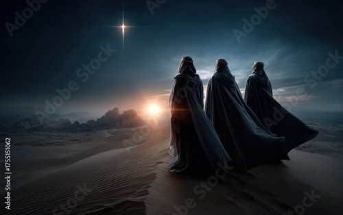 Three ancient wise men journey through the vast desert following the brilliant Star of Bethlehem. A majestic Christmas scene, symbolic of biblical faith and the birth of Christ.