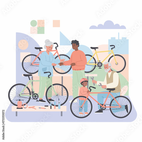 Diverse group of people of all ages repairing bicycles promoting community sustainability and healthy lifestyle