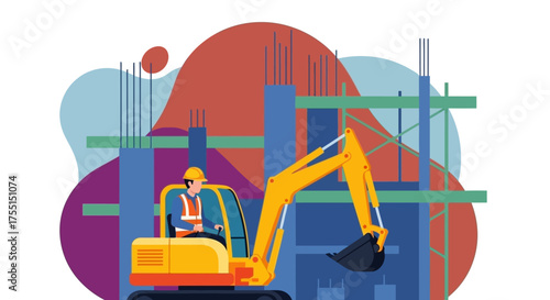 Construction worker operating an excavator on a vibrant building site Industry development engineering