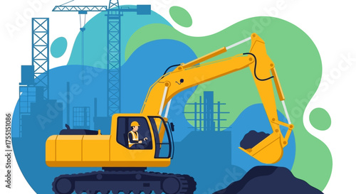 Excavator with operator at a construction site moving earth Represents industry development infrastructure