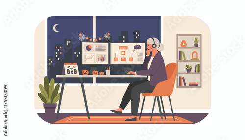 Senior woman working late from home office during Halloween season managing business operations remotely
