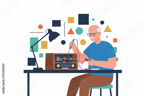 Senior man repairing a vintage radio with a soldering iron at his desk Hobby and craftsmanship