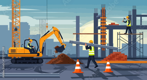 Workers at a busy urban construction site building new structures with heavy machinery and materials