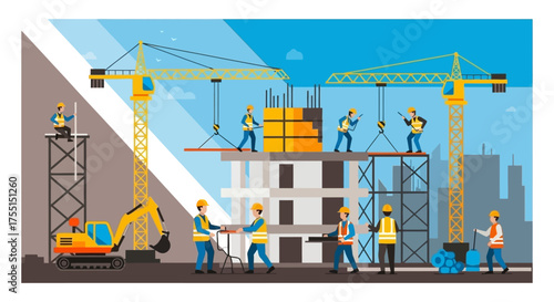 Busy construction site with workers cranes and an excavator building a new structure in the city