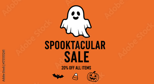 Spooktacular Halloween sale ad with a friendly ghost pumpkin bat and candy corn on orange background 20 off
