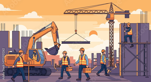 Construction workers operate machinery on a new urban development site showcasing teamwork and progress