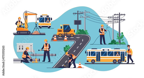 Public service workers maintain infrastructure roads pipes electricity and transport Urban development