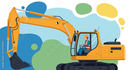 Construction worker in hard hat operating a yellow excavator Industrial heavy machinery at work