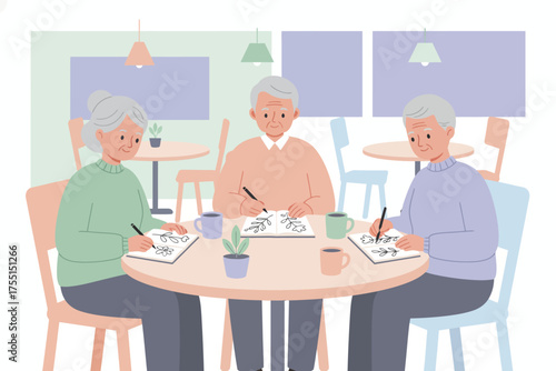 Seniors drawing together at a table enjoying a creative hobby and social engagement