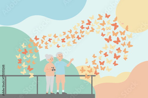 Happy senior couple observing a vibrant butterfly migration Relaxing outdoor activity retirement lifestyle