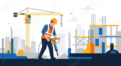 Construction worker with jackhammer at active urban building site with crane Industry and development concept