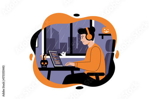 Young professional coding on laptop with headphones during rainy Halloween night working remotely