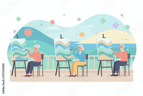 Elderly people enjoying painting outdoors Active seniors pursuing art as a hobby with scenic views