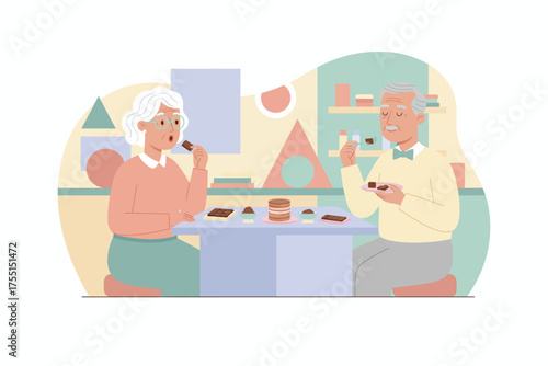 Happy elderly couple enjoying sweet chocolate treats together Lifestyle indulgence dessert