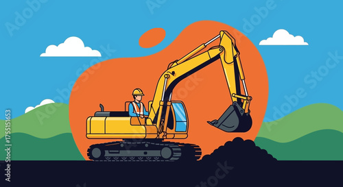 Construction worker operating a yellow excavator digging earth in a vibrant outdoor setting