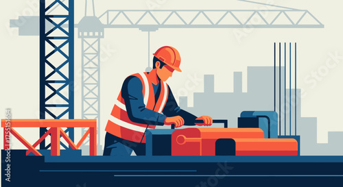 Construction worker operates machinery at a site symbolizing industry development and progress