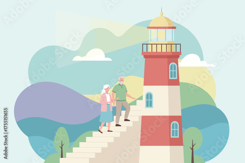 Elderly couple climbing steps to a lighthouse representing guidance journey and active aging