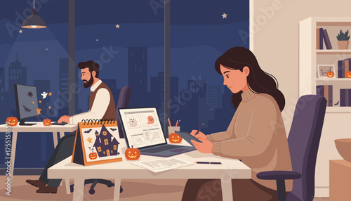 People working late in a Halloweendecorated office with city views at night