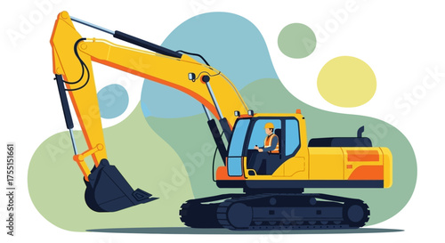 Worker in yellow excavator at construction site Building industry development