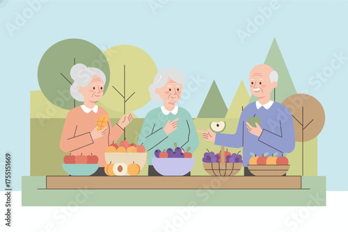 Happy seniors sharing and discussing fresh fruit outdoors promoting healthy lifestyle and community