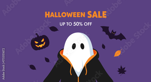 Halloween sale illustration with ghost carved pumpkin bat and falling leaves on purple Seasonal event promotion