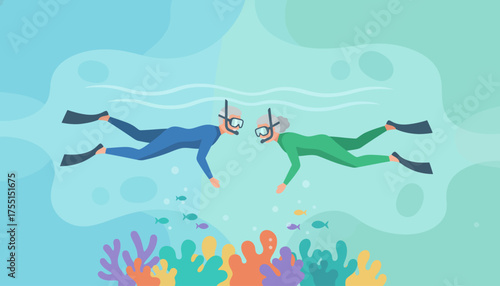 Active senior couple snorkeling over a vibrant coral reef enjoying a healthy retirement and tropical vacation