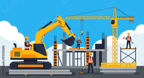 Construction site with workers operating excavator and crane building a structure Industrial development