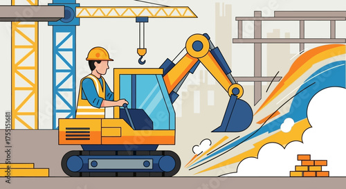 Construction worker operates excavator at building site with crane Industry development engineering