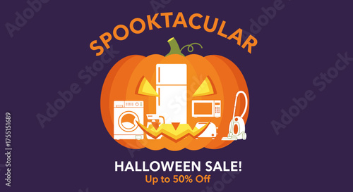 Spooktacular Halloween sale banner with home appliances carved into a pumpkin Ideal for retail promotions and discount advertising