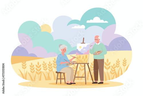 Happy elderly couple painting outdoors in a field enjoying their hobby and time together