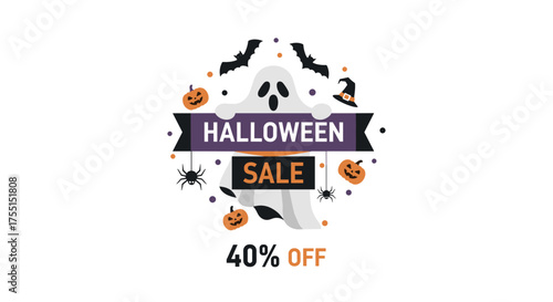 Festive Halloween Sale 40 OFF graphic with ghost pumpkins bats and spiders Ideal for holiday marketing  promotions