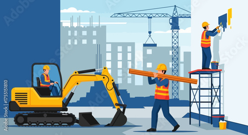 Construction workers operate machinery and build structures at an urban development site