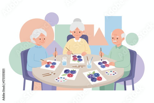 Group of seniors painting berries together enjoying a creative hobby