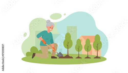 Happy senior woman planting trees in a garden promoting active retirement and green living