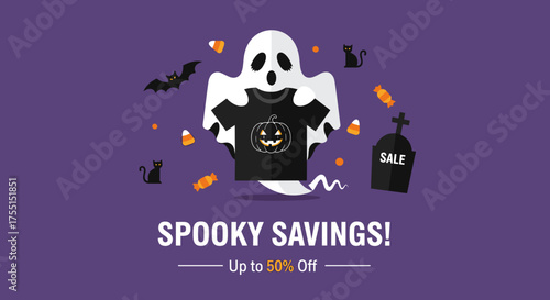 A ghostly figure presents a pumpkin tshirt amidst Halloween treats and a tombstone promoting sales Ideal for seasonal promotions and discounts