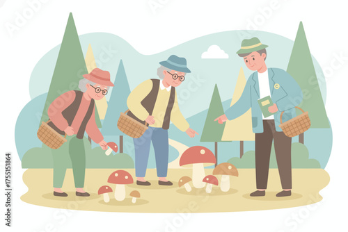 Elderly friends gather mushrooms in forest Outdoor hobby active seniors nature exploration leisure
