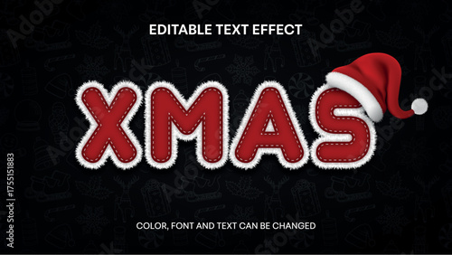 christmas editable text effect with white fur and santa claus hat