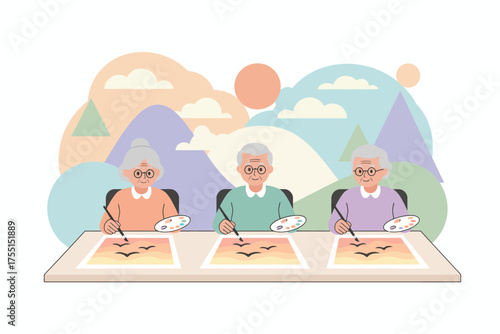 Happy seniors painting landscapes in an art class fostering creativity and community for active aging