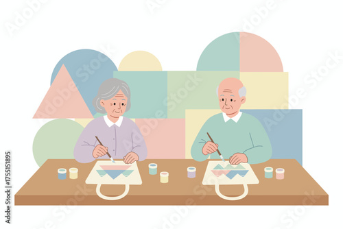 Elderly couple painting tote bags a joyful hobby reflecting active senior lifestyle and creativity