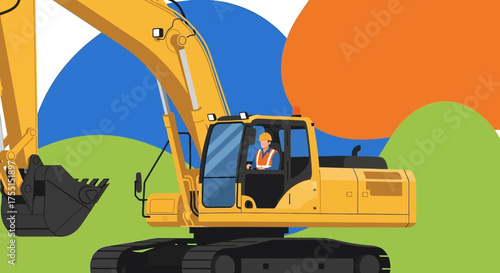 Construction worker operating heavy machinery excavator at a building site Industry and development concept