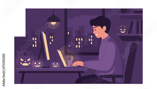 Man working on laptop at night with Halloween pumpkins Remote work concept for holiday season